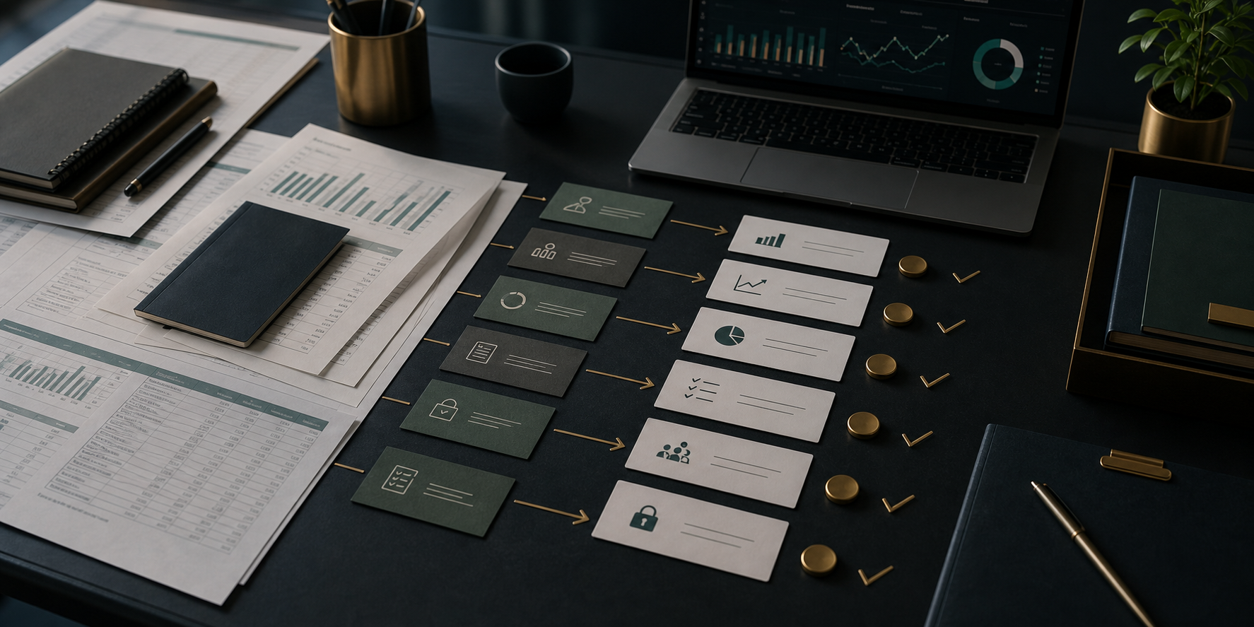 Organised finance documents and dashboards representing transformation from complexity to control